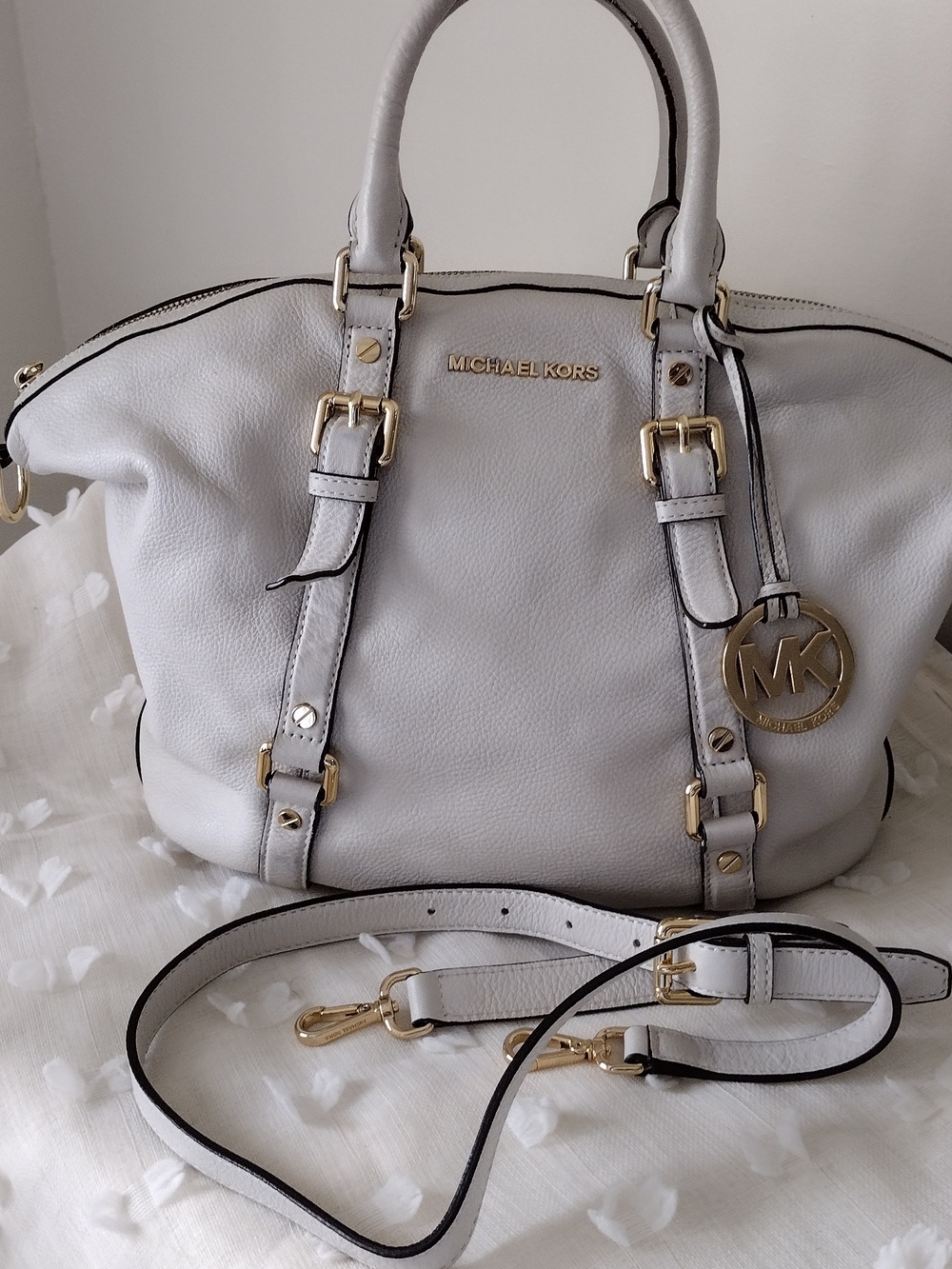 Michael Kors Light Gray Leather Satchel with Gold Hardware and MK Charm